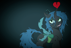 Size: 2000x1346 | Tagged: source needed, safe, artist:queen-ystella, queen chrysalis, g4, female, heart, solo, tongue out