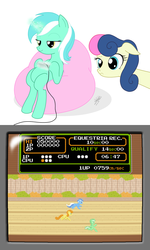 Size: 650x1080 | Tagged: safe, artist:jdan-s, bon bon, carrot top, golden harvest, lyra heartstrings, minuette, sweetie drops, earth pony, pony, g4, bipedal, bon bon is not amused, nintendo entertainment system, parody, sitting lyra, video game