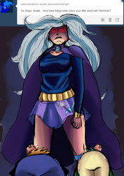 Size: 2975x4200 | Tagged: safe, artist:dinogorawrrainbow, snails, snips, trixie, human, g4, ask, bowing, cape, clothes, female, glowing eyes, humanized, male, trixie's cape, tumblr