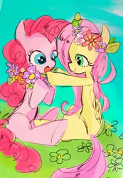 Size: 558x807 | Tagged: safe, artist:gebomamire, fluttershy, pinkie pie, g4, female, floral head wreath, lesbian, pixiv, ship:flutterpie