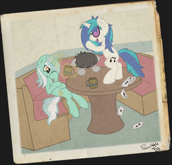 Size: 1300x1248 | Tagged: dead source, safe, artist:spaerk, dj pon-3, lyra heartstrings, octavia melody, vinyl scratch, pony, unicorn, g4, card, female, mare, table dancing