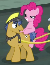 Size: 356x464 | Tagged: safe, screencap, pinkie pie, pronto, earth pony, pony, g4, rarity takes manehattan, butt touch, female, hoof on butt, male, mare, out of context, stallion