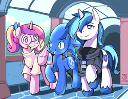 Size: 850x655 | Tagged: safe, artist:ende26, princess cadance, shining armor, oc, oc:sonic dash, pony, g4, clothes, commission, crossover, glasses, high school cadance, male, ponified, sonic the hedgehog, sonic the hedgehog (series)