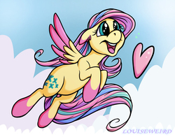 Size: 1197x940 | Tagged: safe, artist:louiseweird, fluttershy, g4, female, flying, heart, rainbow power, solo