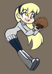 Size: 529x750 | Tagged: safe, artist:khuzang, derpy hooves, human, equestria girls, g4, brown background, clothes, cute, derpabetes, female, human coloration, humanized, light skin, muffin, no catchlights, no pupils, open mouth, simple background, solo, sweater