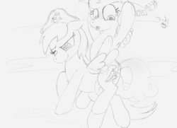 Size: 1107x800 | Tagged: safe, artist:foxxy-arts, carrot top, derpy hooves, golden harvest, pegasus, pony, g4, female, hat, mare, monochrome, pirate hat, ponies riding ponies, riding, sketch