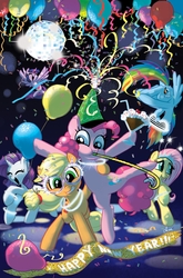Size: 1000x1516 | Tagged: safe, artist:amymebberson, applejack, fluttershy, pinkie pie, rainbow dash, rarity, twilight sparkle, alicorn, pony, idw, banner, confetti, cover, female, happy new year, hat, mane six, mare, party, party hat, party horn, shutter shades, sunglasses, twilight sparkle (alicorn)