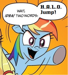 Size: 335x367 | Tagged: safe, idw, rainbow dash, g4, exploitable meme, godzilla (series), godzilla 2014, halo jump, meme, two words meme