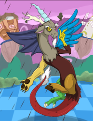 Size: 612x792 | Tagged: safe, artist:himanuts, discord, draconequus, g4, season 2, the return of harmony, chaos, chocolate, chocolate rain, discorded landscape, floating, floating island, food, male, paw pads, rain, solo, windmill