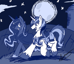 Size: 1000x865 | Tagged: safe, artist:himanuts, princess luna, shining armor, g4, female, infidelity, male, moon, ship:shiningluna, shipping, straight