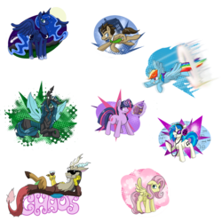 Size: 1200x1200 | Tagged: safe, artist:himanuts, discord, dj pon-3, doctor whooves, fluttershy, princess luna, queen chrysalis, rainbow dash, time turner, twilight sparkle, vinyl scratch, g4