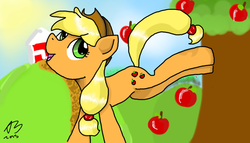 Size: 1280x730 | Tagged: safe, artist:flutteralpaca, applejack, earth pony, pony, g4, apple, apple tree, applebucking, applejack mid tree-buck facing the left with 3 apples falling down, applejack mid tree-buck with 3 apples falling down, barn, female, looking back, mare, solo