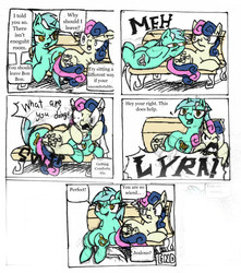 Size: 1896x2142 | Tagged: safe, artist:ripfrost, bon bon, lyra heartstrings, sweetie drops, g4, bench, bon bon is not amused, comic, sitting lyra