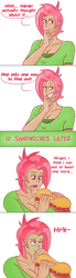 Size: 1000x3611 | Tagged: safe, artist:hamflo, babs seed, human, ask human babs seed, g4, eating, female, green face, humanized, imminent vomiting, sandwich, solo