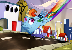 Size: 2700x1900 | Tagged: safe, artist:spookyle, rainbow dash, pegasus, pony, double rainboom, g4, city, city of townsville, crossover, fanart, female, flying, rainbow, solo, the powerpuff girls, townsville