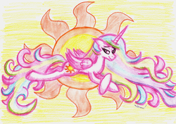 Size: 3459x2436 | Tagged: safe, artist:crestfallencelestia, princess celestia, g4, female, solo, sun, traditional art