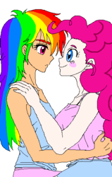 Size: 354x555 | Tagged: safe, artist:asdf314159265, pinkie pie, rainbow dash, human, g4, duo, female, humanized, lesbian, light skin, ship:pinkiedash, shipping