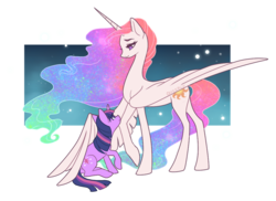 Size: 1010x737 | Tagged: safe, artist:queerly, princess celestia, twilight sparkle, alicorn, pony, unicorn, g4, duo, female, hug, mare, momlestia, unicorn twilight, winghug
