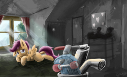 Size: 6614x4000 | Tagged: safe, artist:owlvortex, scootaloo, flight to the finish, g4, bed, crying, female, sad, scene interpretation, scootaloo's house, scooter, solo