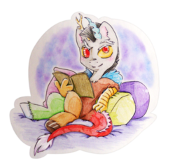 Size: 800x754 | Tagged: safe, artist:walnutsprout, discord, g4, book, male, pillow, reading, simple background, solo, traditional art, transparent background, unshorn fetlocks, younger