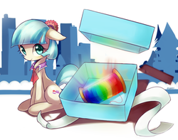 Size: 1457x1151 | Tagged: safe, artist:maren, coco pommel, pony, g4, rarity takes manehattan, female, looking at you, present, rainbow thread, sitting, solo