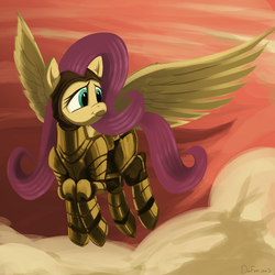 Size: 2100x2100 | Tagged: safe, artist:dimfann, fluttershy, g4, armor, cloud, cloudy, female, flying, solo