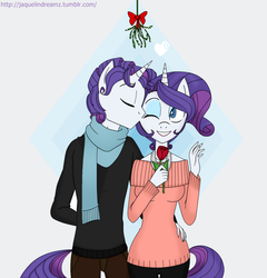 Size: 1228x1278 | Tagged: dead source, safe, artist:jaquelindreamz, rarity, anthro, g4, elusive, female, kissing, male, mistletoe, rule 63, self ponidox, selfcest, ship:rarilusive, shipping, straight
