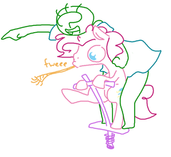Size: 664x611 | Tagged: safe, artist:weaver, pinkie pie, oc, oc:anon, oc:femanon, human, g4, bubble berry, party horn, pogo stick, riding, rule 63, simple background, white background