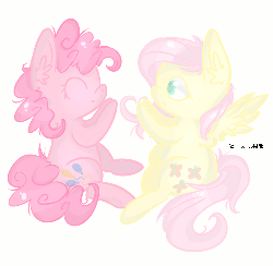 Size: 500x489 | Tagged: safe, artist:hamatte, fluttershy, pinkie pie, g4, animated, blinking, ear fluff, eyes closed, female, fluffy, grin, lesbian, pattycakes, ship:flutterpie, sitting, smiling