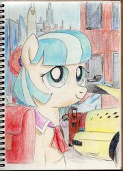Size: 1496x2074 | Tagged: safe, artist:apocheck13, coco pommel, earth pony, pony, g4, rarity takes manehattan, bag, car, female, manehattan, mare, saddle bag, solo, suitcase, taxi, traditional art