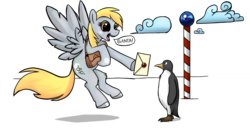 Size: 1920x998 | Tagged: safe, artist:jrrhack, derpy hooves, bird, pegasus, penguin, pony, g4, female, fluffy, flying, hoof hold, letter, mail, mailbag, mare, north pole, open mouth, smiling, spread wings
