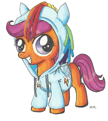 Size: 1266x1422 | Tagged: safe, artist:catscratchpaper, scootaloo, g4, clothes, female, hoodie, rainbow dash hoodie, solo, traditional art