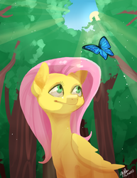 Size: 900x1165 | Tagged: safe, artist:ellamred, fluttershy, butterfly, g4, crepuscular rays, female, forest, solo