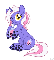 Size: 690x765 | Tagged: safe, artist:shopistar, oc, oc only, bubble tea pony, food pony, original species, unicorn, bubble tea, drink, drinking, simple background, sipping, sitting, solo, white background, wink
