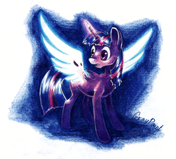 Size: 2469x2229 | Tagged: safe, artist:graypaint, twilight sparkle, alicorn, pony, g4, abstract background, female, glowing, glowing horn, glowing wings, horn, mare, scanned, signature, solo, traditional art, transformation, twilight sparkle (alicorn), wings
