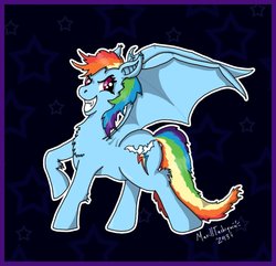 Size: 910x877 | Tagged: safe, artist:marilltachiquin, rainbow dash, bat pony, pony, g4, bat ponified, fangs, female, race swap, rainbowbat, solo