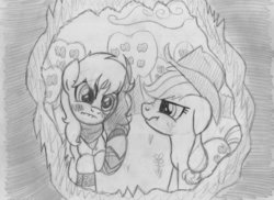 Size: 1024x744 | Tagged: safe, artist:drawponies, applejack, g4, applejack is not amused, commission, crossover, monochrome, ponified, rooster teeth, rwby, sketch, traditional art, tree, unamused, yang xiao long