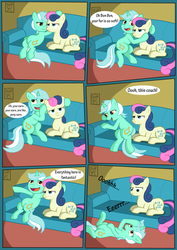Size: 2893x4092 | Tagged: safe, artist:corina93, bon bon, lyra heartstrings, sweetie drops, earth pony, pony, unicorn, g4, bon bon is not amused, comic, couch, drugs, duo, ecstasy, family guy, male, parody, reference, stoned, unamused