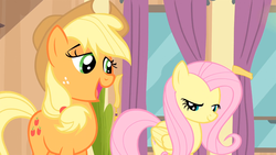 Size: 1280x720 | Tagged: safe, screencap, applejack, fluttershy, g4, rarity takes manehattan, lidded eyes, out of context