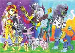 Size: 4909x3511 | Tagged: safe, artist:cityo, ahuizotl, diamond tiara, discord, flam, flim, king sombra, nightmare moon, queen chrysalis, silver spoon, sunset shimmer, trixie, pony, equestria girls, g4, antagonist, needs more jpeg, traditional art, twilight scepter