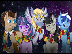 Size: 1024x770 | Tagged: safe, artist:ellamred, derpy hooves, doctor whooves, minuette, octavia melody, time turner, twilight sparkle, pegasus, pony, g4, female, mare