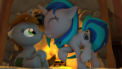 Size: 3840x2160 | Tagged: safe, artist:drdicksamazingstick, oc, oc only, oc:homage, oc:littlepip, pony, unicorn, fallout equestria, 3d, :o, boop, cute, cutie mark, eyes closed, fanfic, fanfic art, female, filly, filly littlepip, fire, floppy ears, grin, hooves, horn, oc x oc, open mouth, raised hoof, raised leg, ship:pipmage, shipping, sitting, smiling, source filmmaker, standing, younger