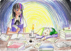 Size: 800x568 | Tagged: safe, artist:ellamred, spike, twilight sparkle, human, g4, candle, dark skin, humanized, light skin, messy, table, traditional art, writing