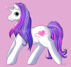 Size: 800x750 | Tagged: safe, artist:zanthu, sweetie belle, pony, unicorn, g3, g4, female, heart, heart eyes, horn, mare, pink background, signature, simple background, smiling, solo, wingding eyes