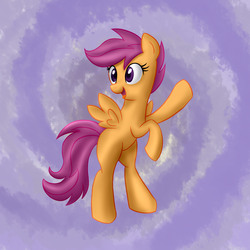 Size: 1000x1000 | Tagged: safe, artist:lomeo, scootaloo, pegasus, pony, g4, abstract background, bipedal, blank flank, female, filly, foal, open mouth, solo, spread wings, wings