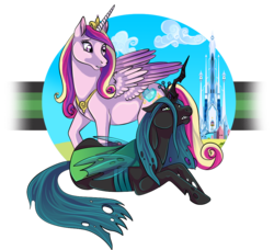 Size: 1000x913 | Tagged: safe, artist:jaderiot, princess cadance, queen chrysalis, alicorn, changeling, changeling queen, pony, g4, female