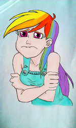 Size: 1552x2592 | Tagged: dead source, safe, artist:skalker, rainbow dash, human, g4, art theft, female, humanized, light skin, pouting, solo, trace