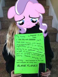 Size: 720x960 | Tagged: safe, edit, diamond tiara, human, g4, abuse, irl, irl human, photo, pony head, reddit, sad, shaming, sign, solo, tiarabuse