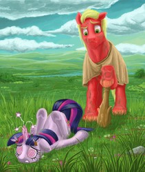 Size: 1905x2259 | Tagged: safe, artist:gor1ck, big macintosh, twilight sparkle, earth pony, pony, unicorn, g4, ancient, cave pony, cloak, club (weapon), dizzy, fanfic, fanfic art, floppy ears, frown, grass, gritted teeth, male, outdoors, prehistoric, prone, raised eyebrow, stallion, swirly eyes, time travel, underhoof, unicorn twilight