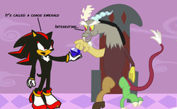 Size: 1024x631 | Tagged: safe, artist:darkmane-iac, discord, g4, chaos emerald, crossover, male, shadow the hedgehog, sonic the hedgehog, sonic the hedgehog (series)